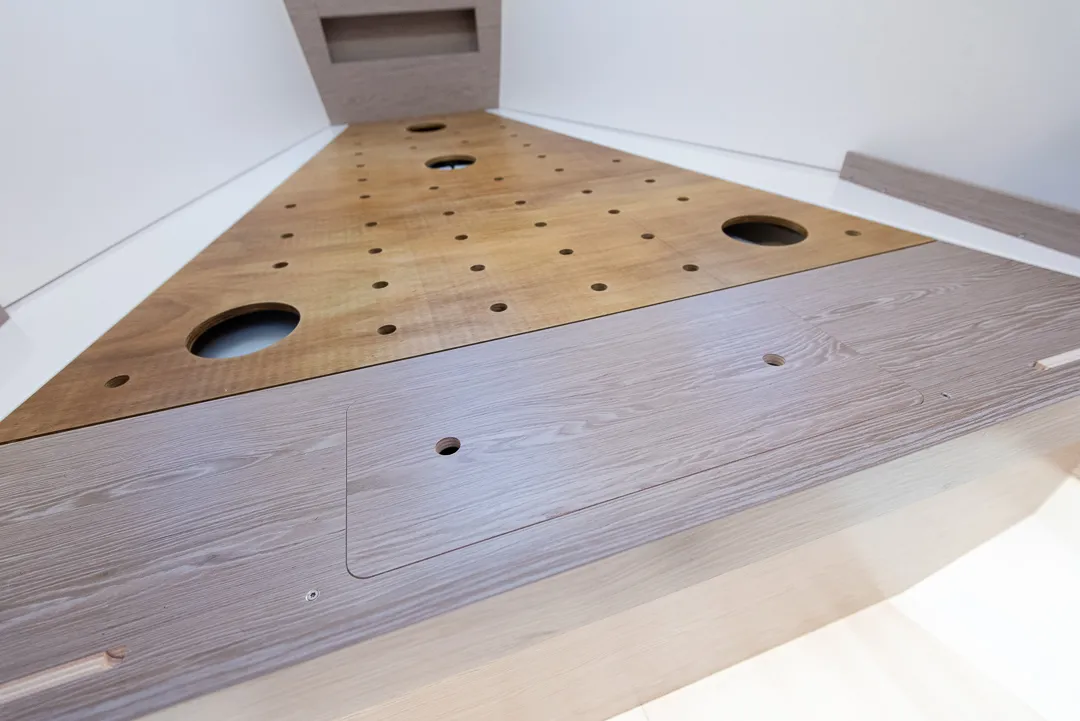 Hanse 388 interior, master cabin under mattresses.