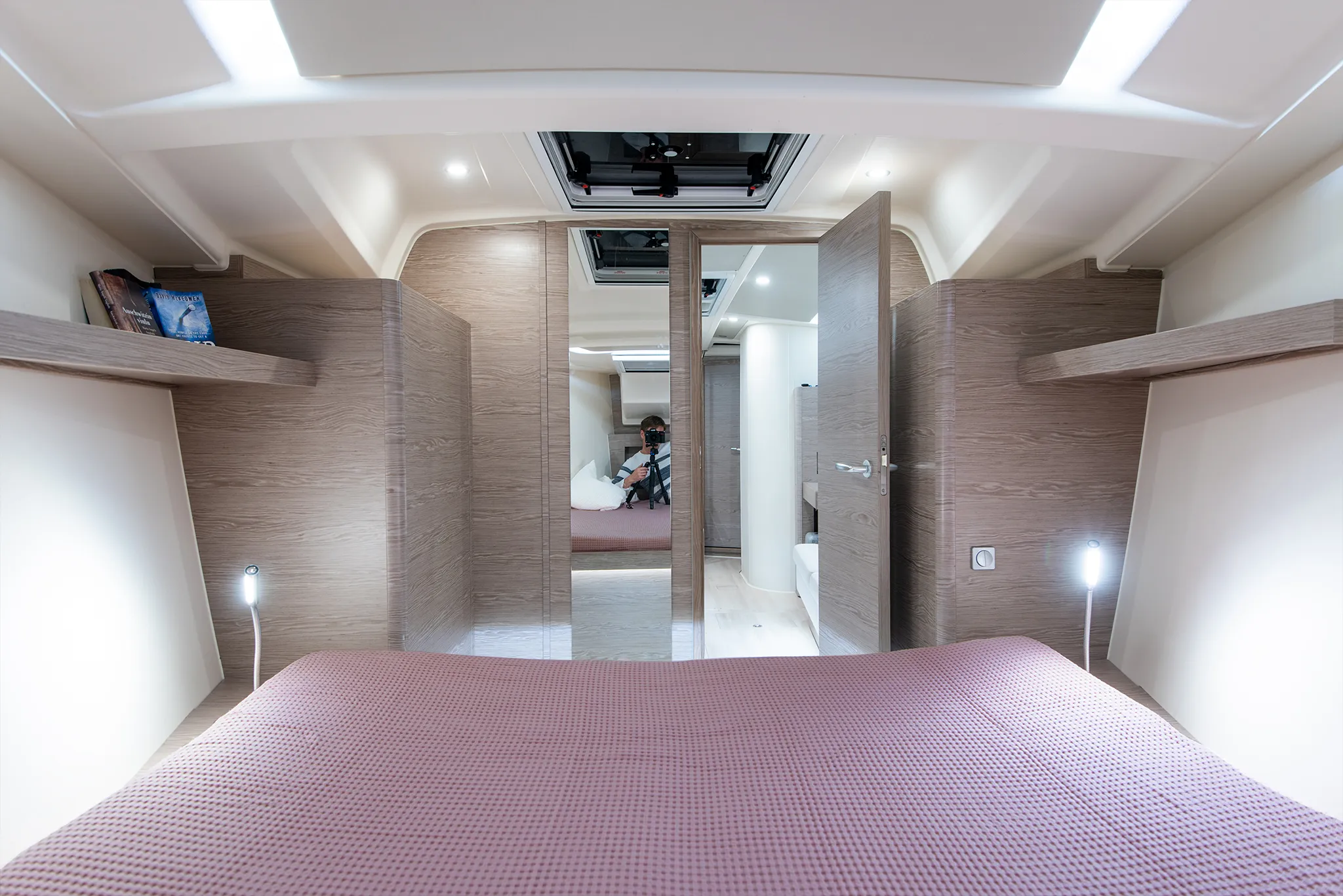 Hanse 388 interior, master cabin with mirror.