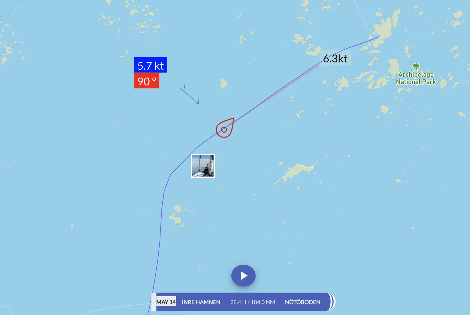 Sailing logbook showing our Hanse 388 s/y Charlotte on her route to Nötö.