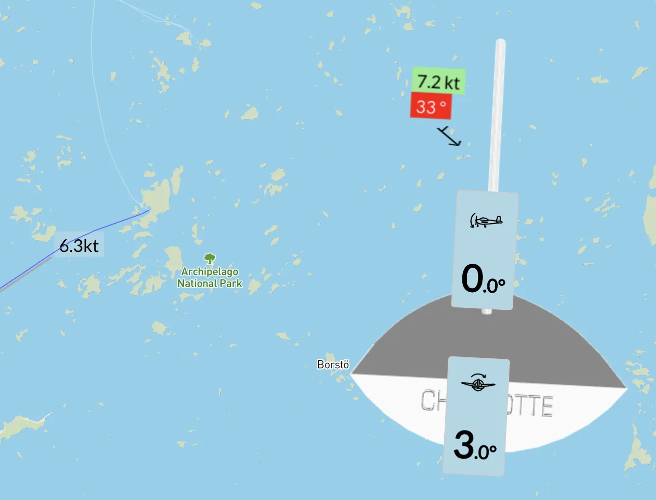 Sailing logbook showing our Hanse 388 s/y Charlotte's attitude and apparent wind speed, angle.