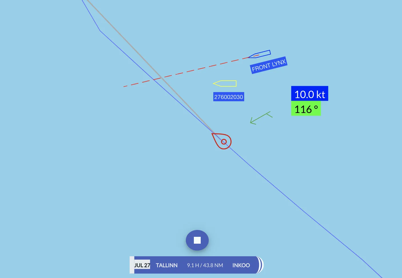 Sailing logbook showing our Hanse 388 s/y Charlotte on the Gulf of Finland with ship on the AIS.
