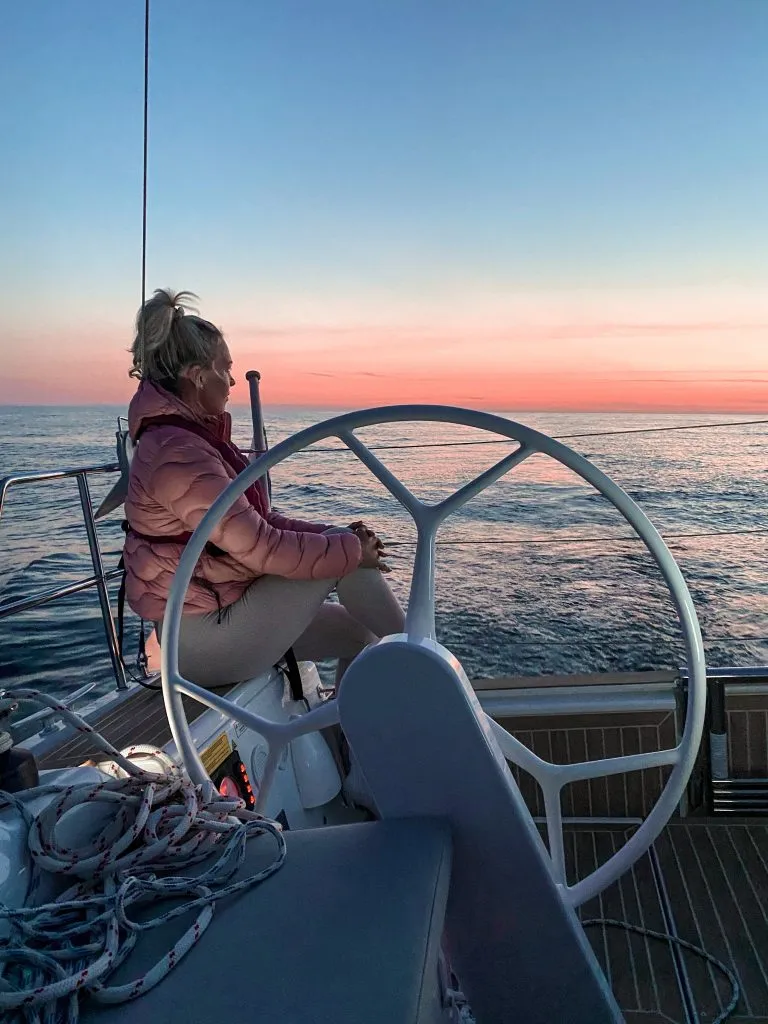 Charlotte admiring the sunshine on Hanse 388 s/y Charlotte.
