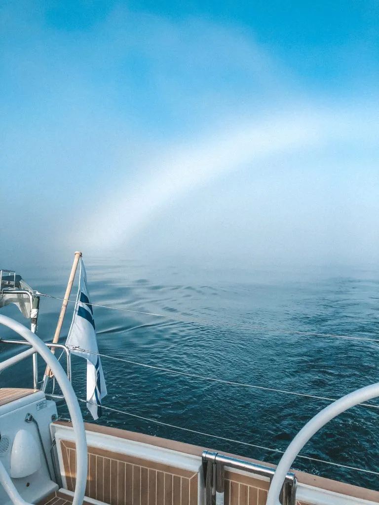 A fog rainbow while sailing to Hel on Hanse 388 s/y Charlotte.