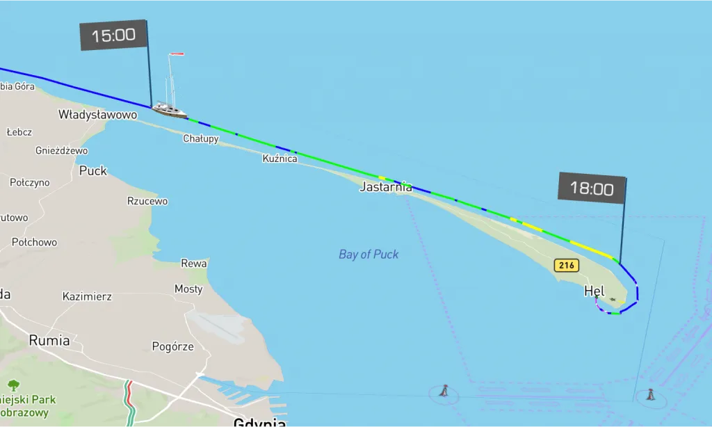 Sailing track, going down the Hel peninsula.