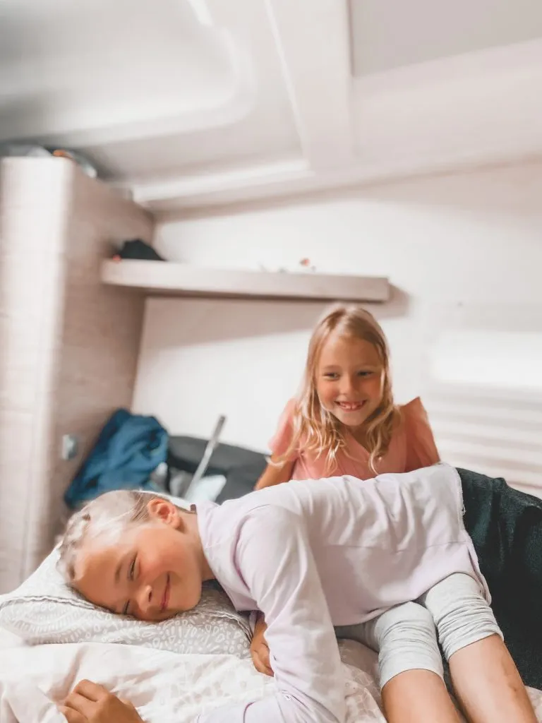 Little L and M in our Hanse 388 s/y Charlotte master cabin